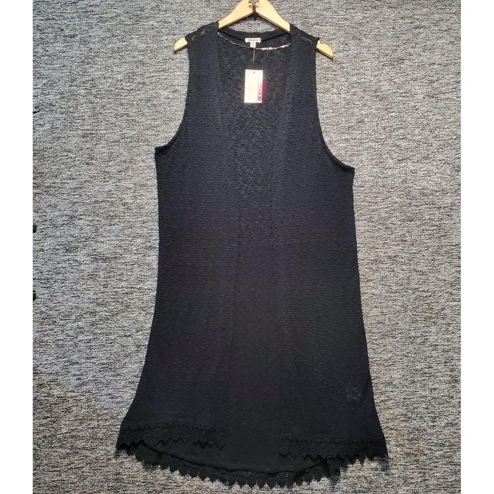 NWT Bongo Plus Cardigan Vest Women 2X Black Pointelle Sheer Longline Duster Boho